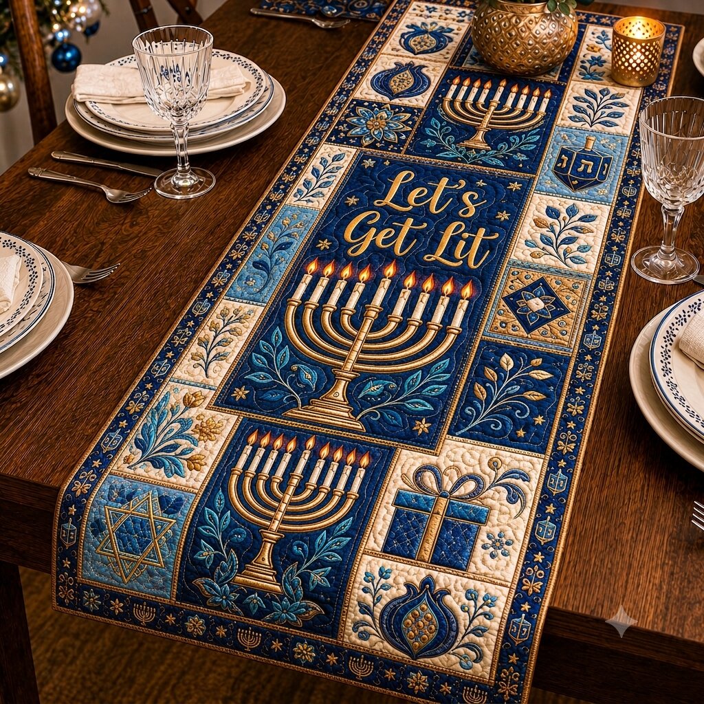 Golden Hanukkah Light Quilted Table Runner GFTONPT505