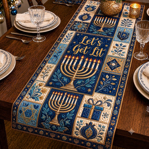 Golden Hanukkah Light Quilted Table Runner GFTONPT505