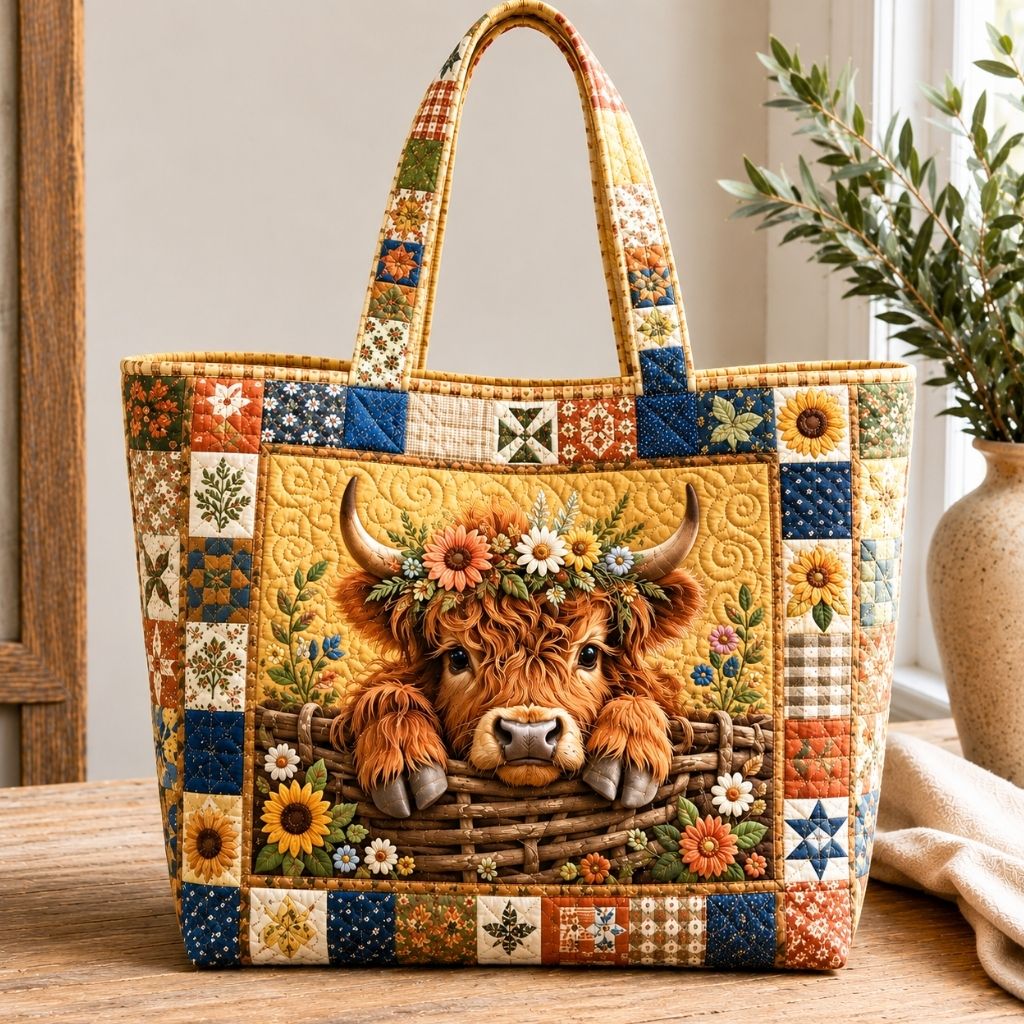 Rustic Highland Cow Quilted Tote Bag GFTONPT548