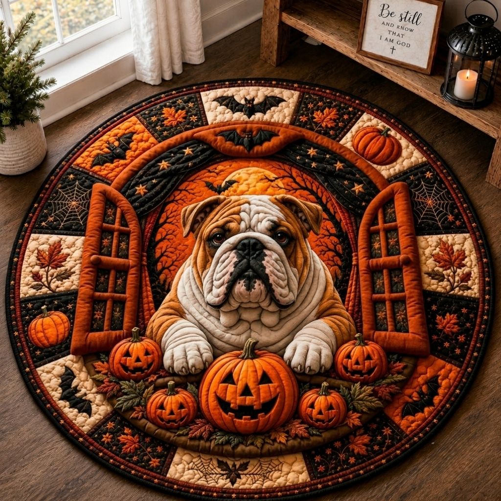 Halloween Bulldog Night Quilted Round Mat GFTONPT554
