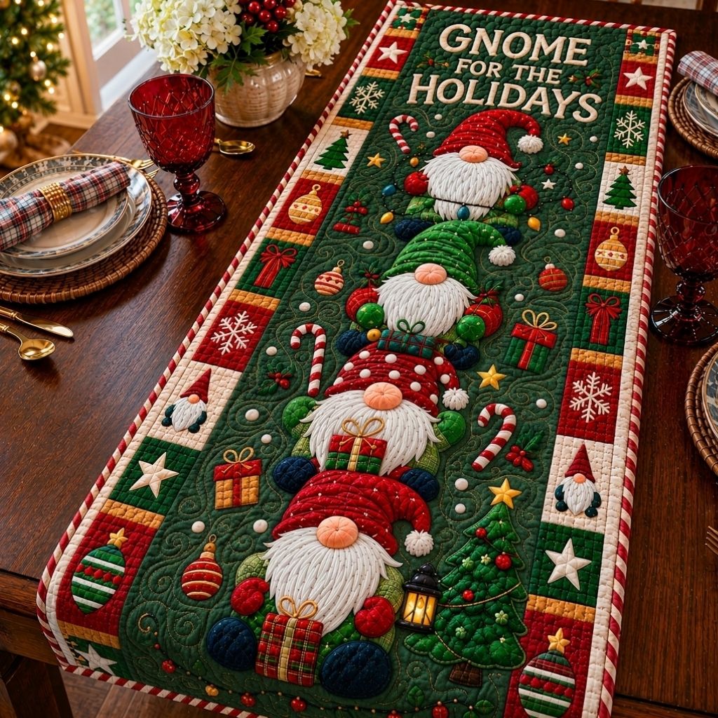 Jolly Gnome Holidays Quilted Table Runner GFTONPT563