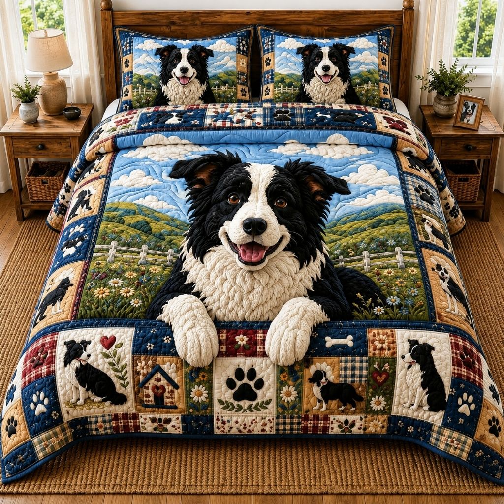 Happy Border Collie 3-Piece Quilted Bedding Set GFTONPT567