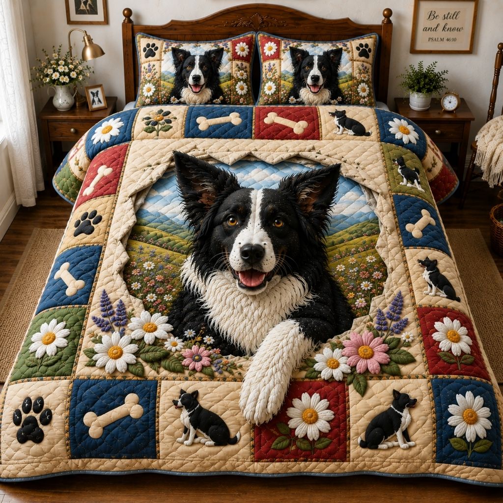 Rustic Border Collie 3-Piece Quilted Bedding Set GFTONPT569