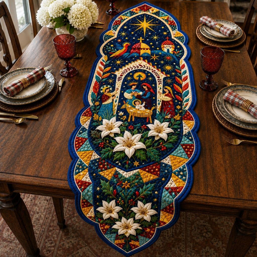 Sacred Christmas Stable Custom Shape Quilted Table Runner GFTONPT583