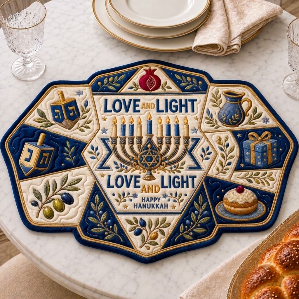 Hanukkah Dreidel & Gelt Custom Shape Quilted Placemat GFTONPT587
