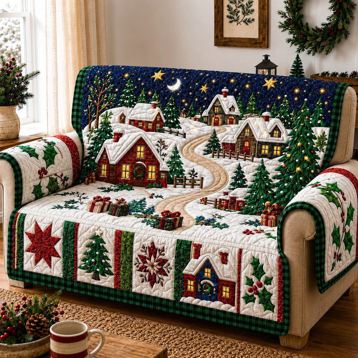 Festive Village Lights Quilted Sofa Cover GFTONPT597