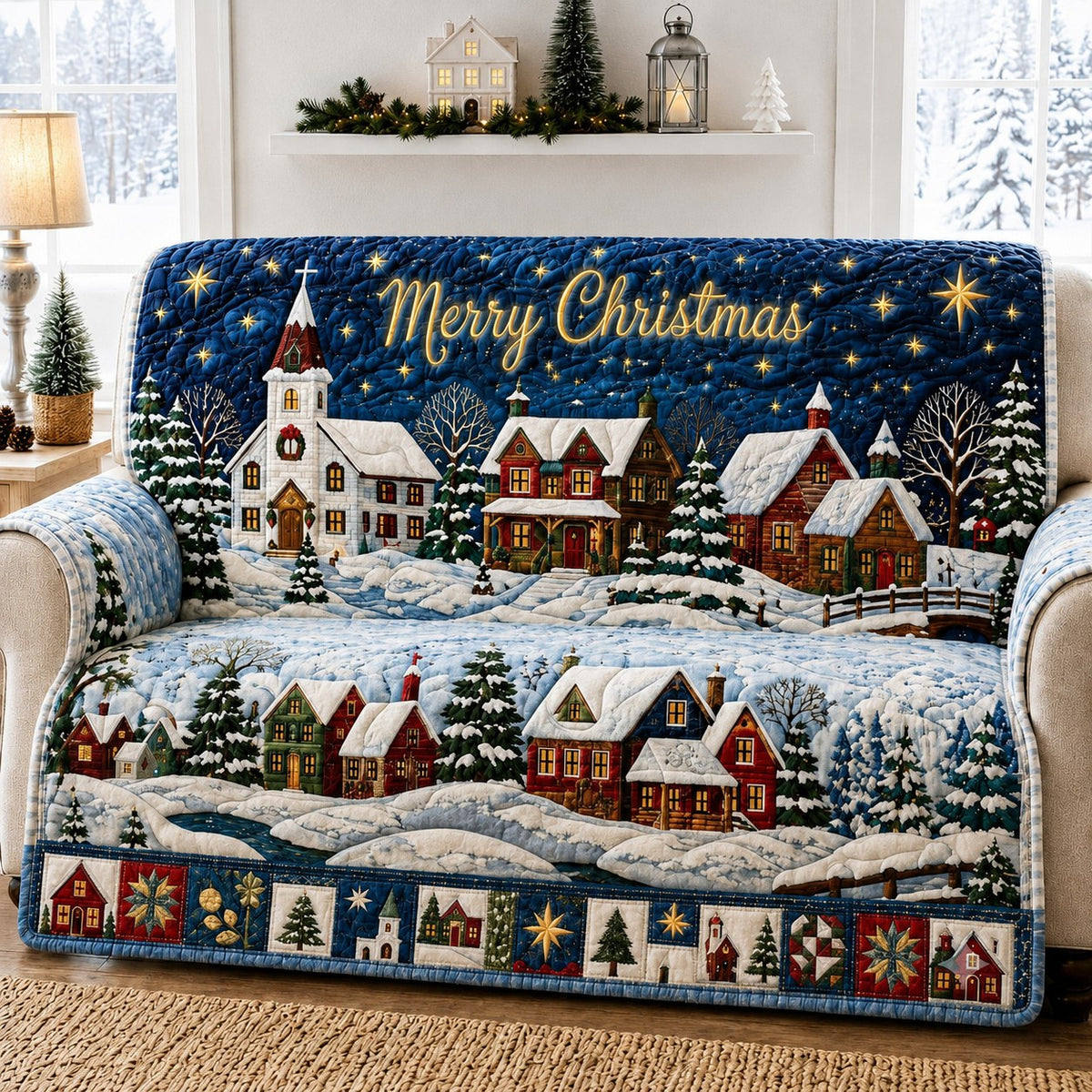 Village Christmas Charm Quilted Sofa Cover GFTONPT598