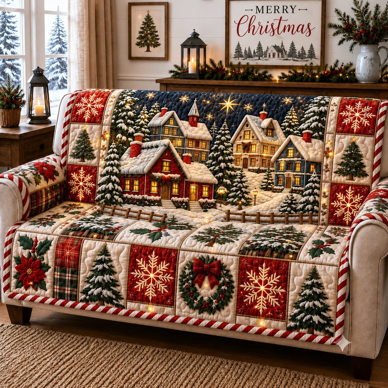 Magical Christmas Village Quilted Sofa Cover GFTONPT599