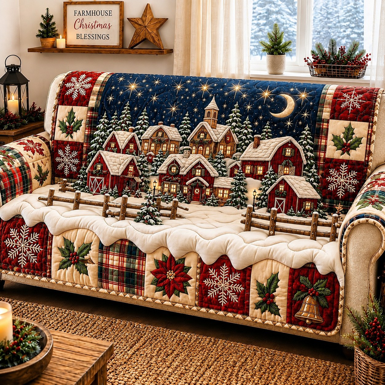 Christmas Village Nights Quilted Sofa Cover GFTONPT600
