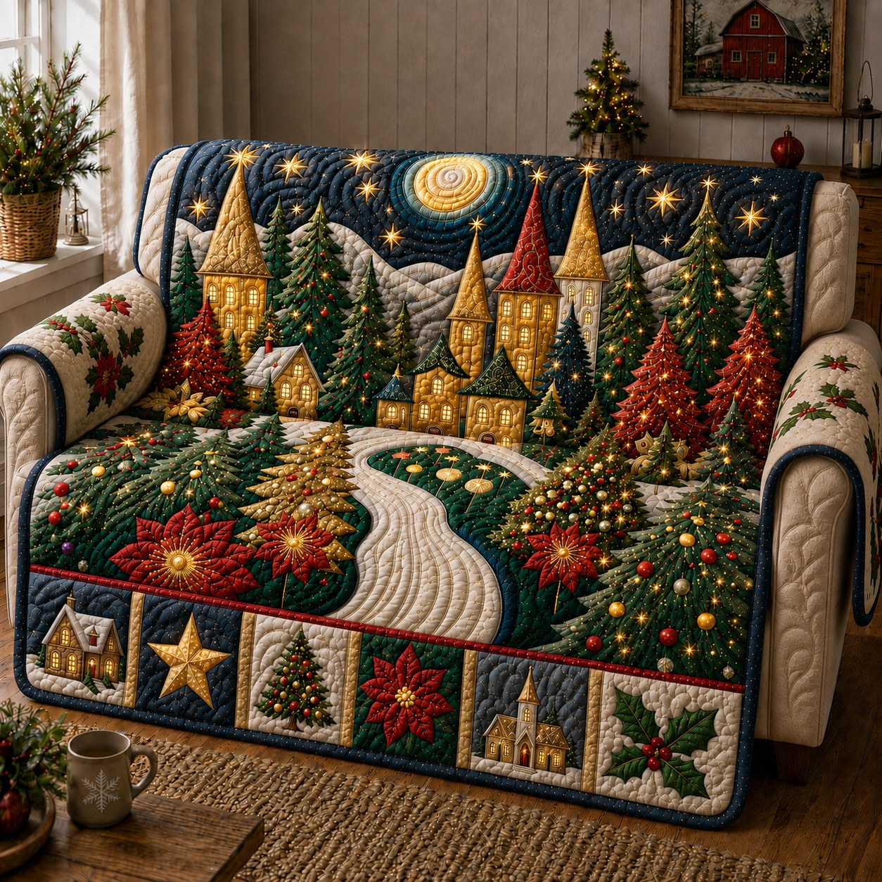 Festive Christmas Village Quilted Sofa Cover GFTONPT601