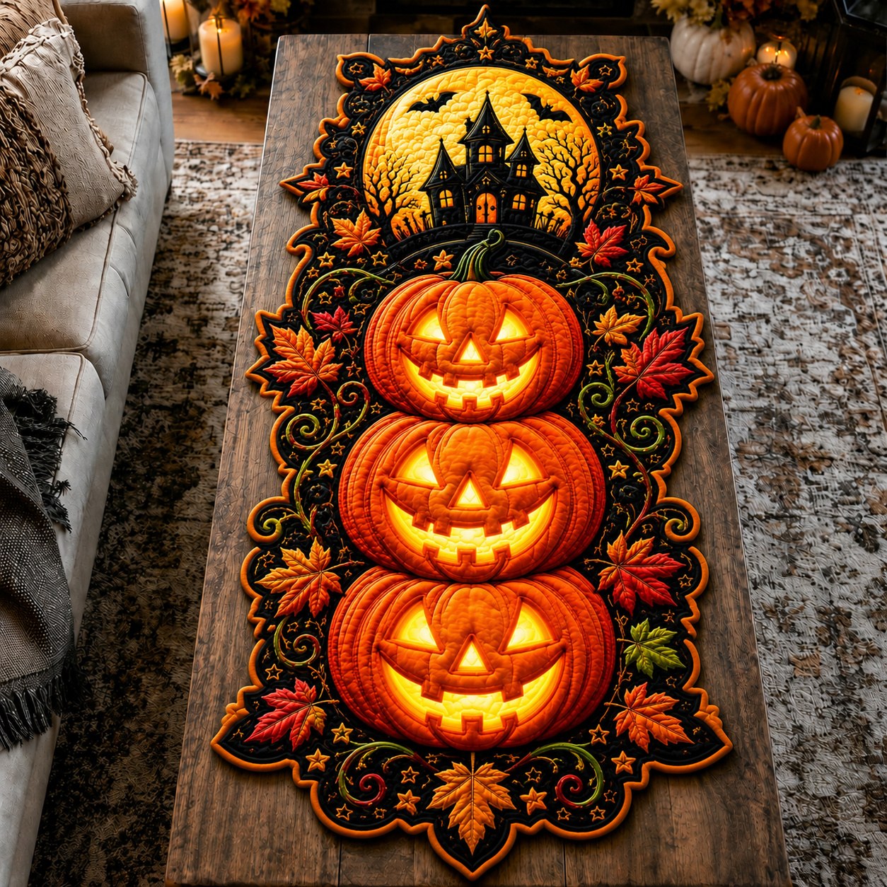Halloween Pumpkin Whimsy Custom Shape Quilted Table Runner GFTONPT608