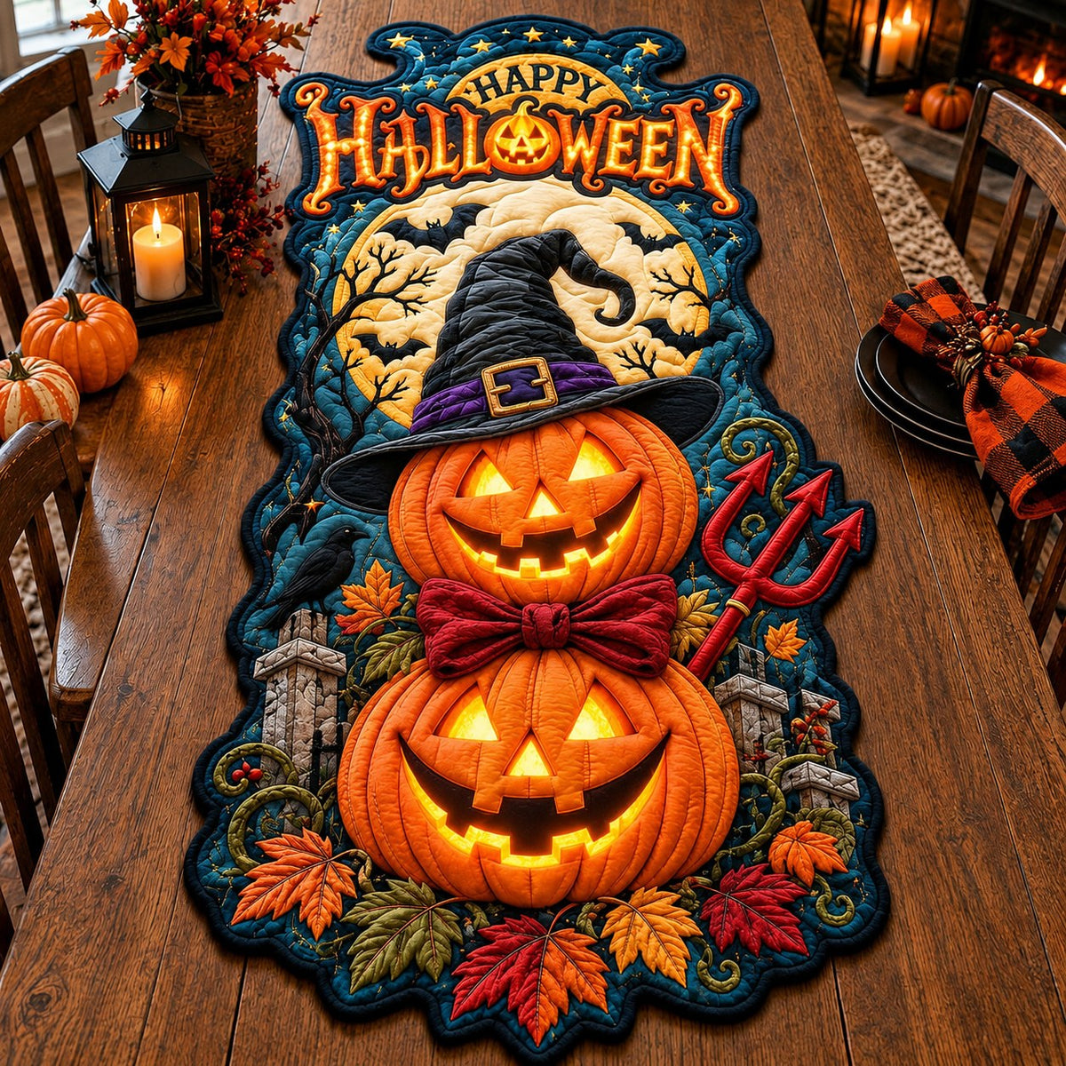 Halloween Pumpkin Night Custom Shape Quilted Table Runner GFTONPT611