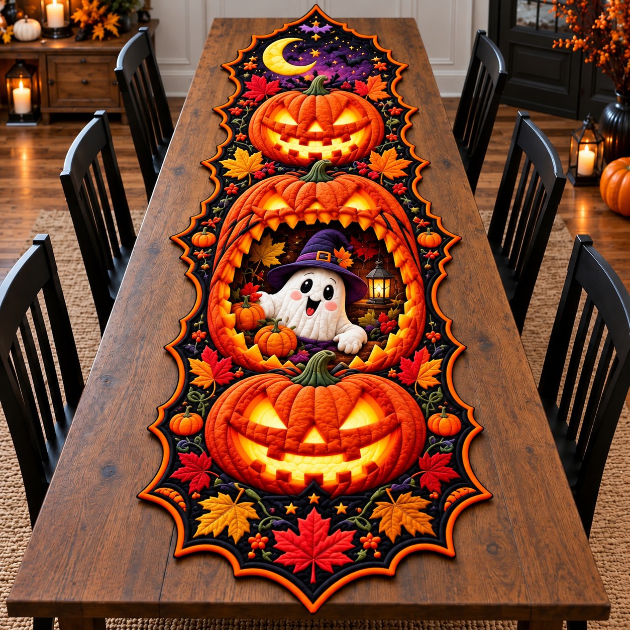 Halloween Pumpkin Moon Custom Shape Quilted Table Runner GFTONPT613