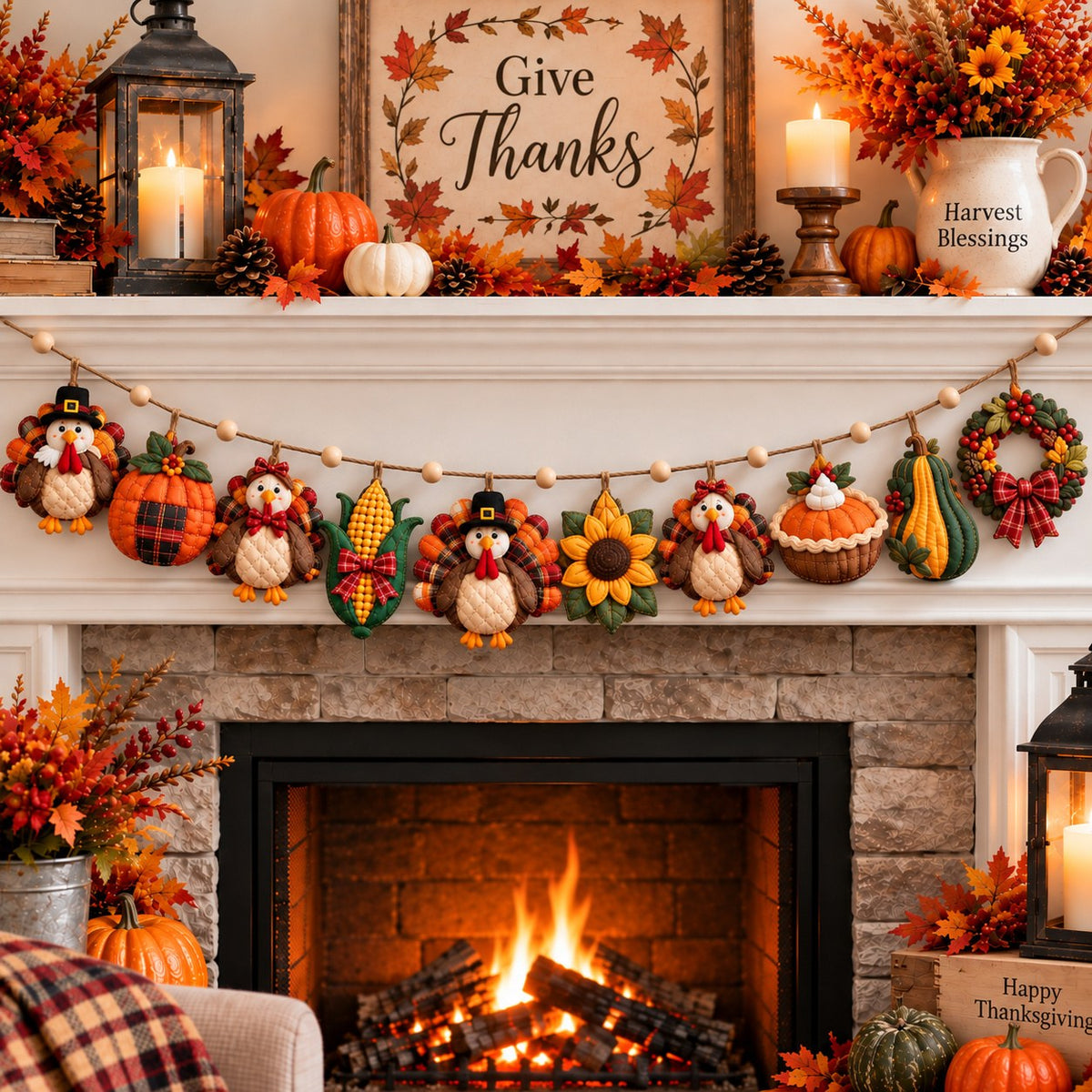 Rustic Thanksgiving Turkey Custom Shape Quilted Garland GFTONPT627