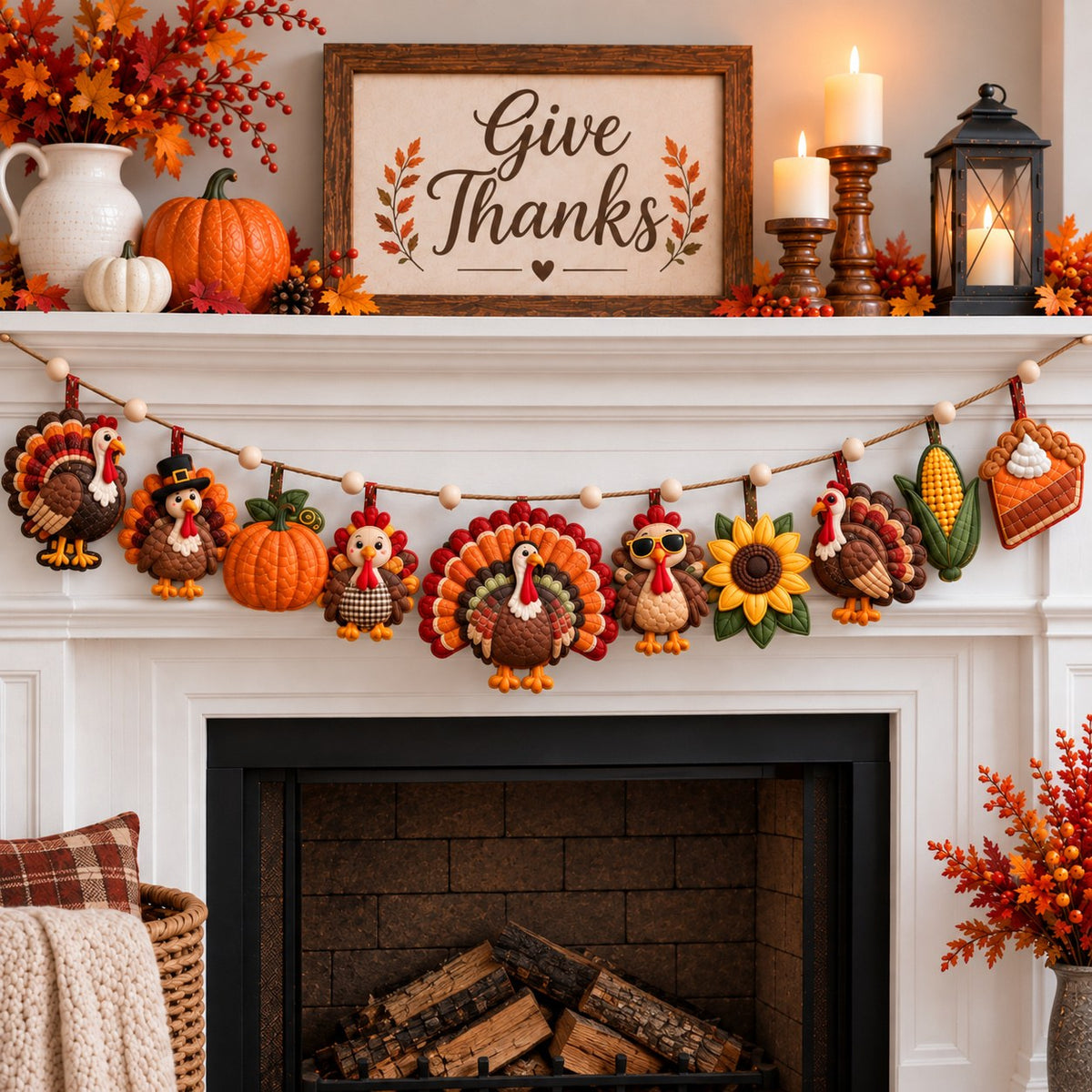 Golden Thanksgiving Turkey Custom Shape Quilted Garland GFTONPT629