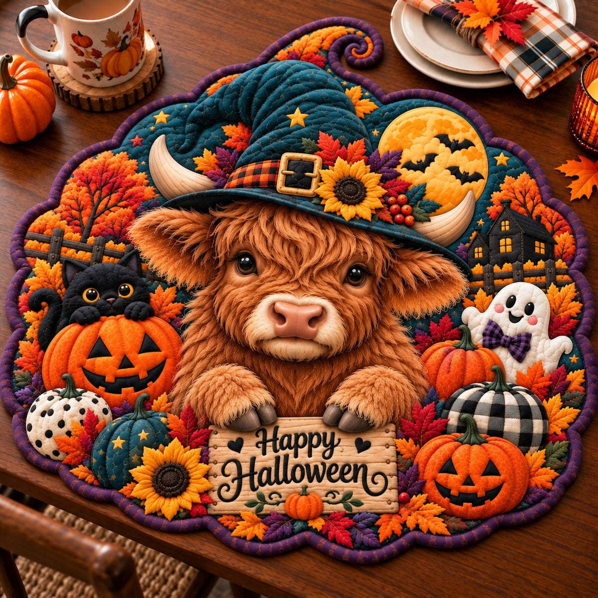 Pumpkin Highland Cow Custom Shape Quilted Placemat GFTONPT642