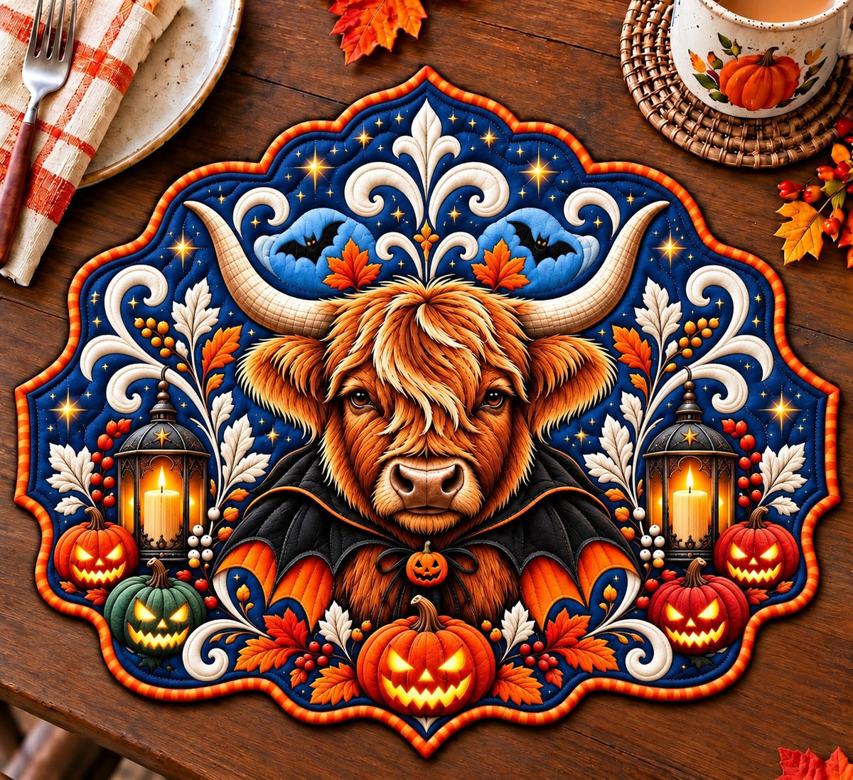 Haunted Highland Cow Custom Shape Quilted Placemat GFTONPT643