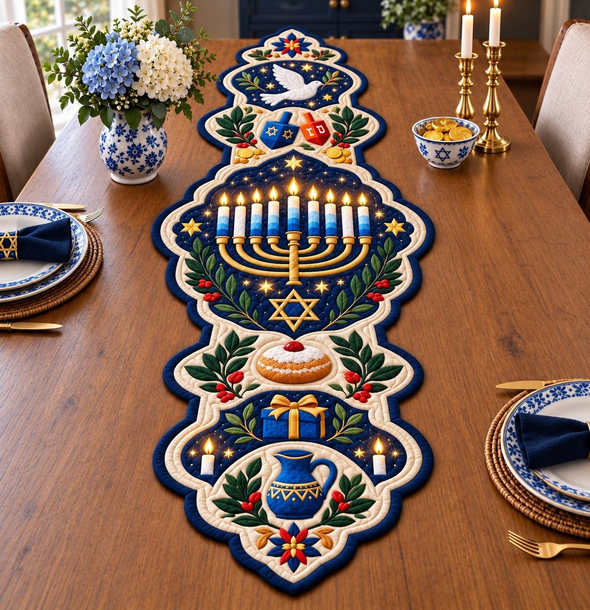 Hanukkah Candle Magic Custom Shape Quilted Table Runner GFTONPT659