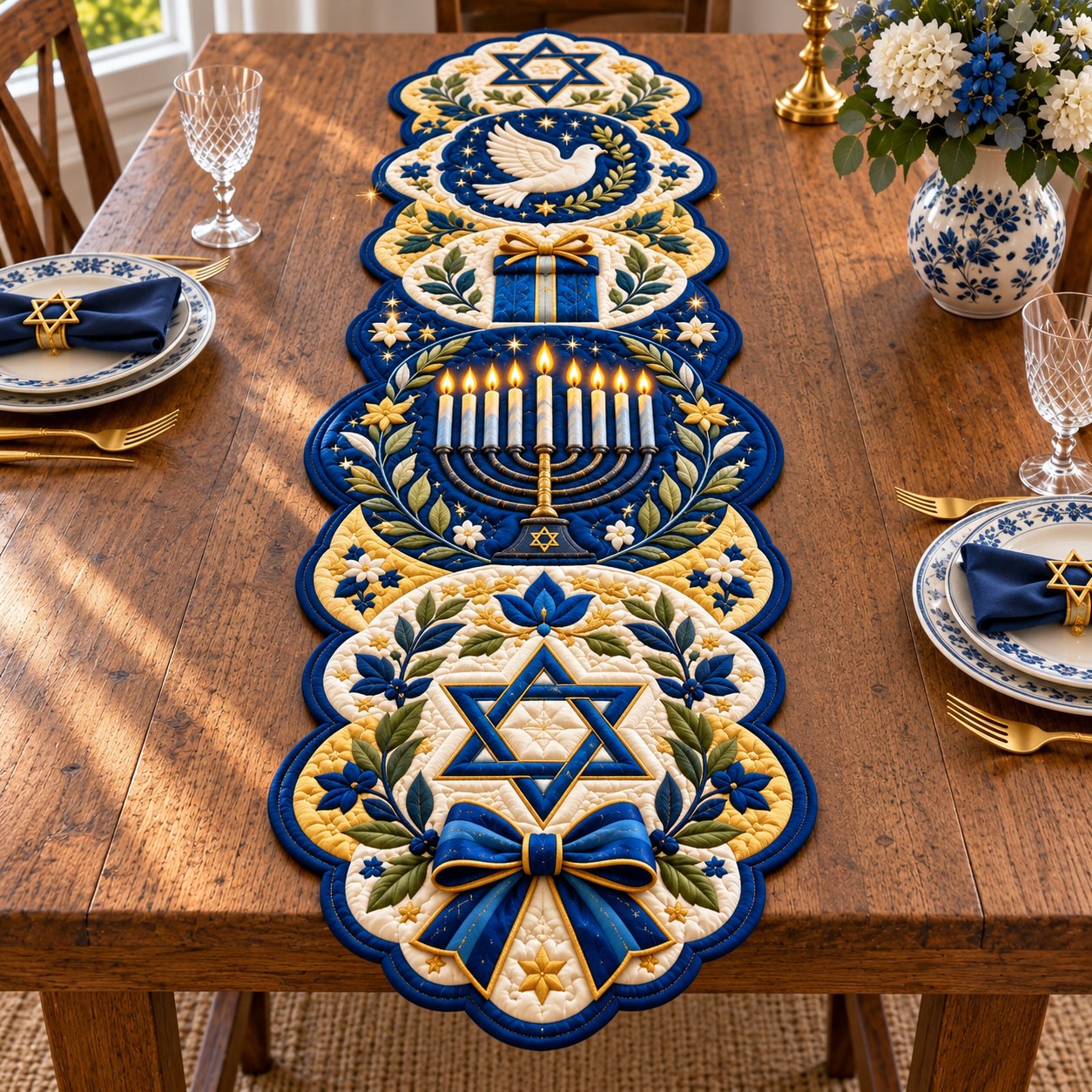 Hanukkah Winter Lighting Custom Shape Quilted Table Runner GFTONPT660