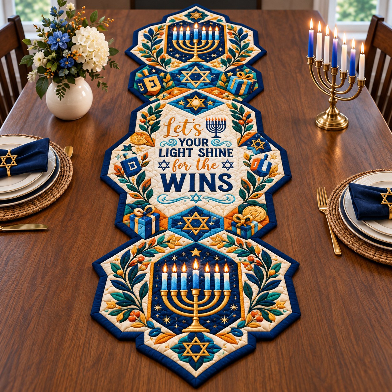 Hanukkah Sacred Shine Custom Shape Quilted Table Runner GFTONPT661