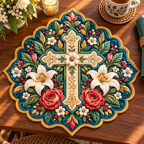 Floral Cross Blessing Custom Shape Quilted Placemat GFTONPT668