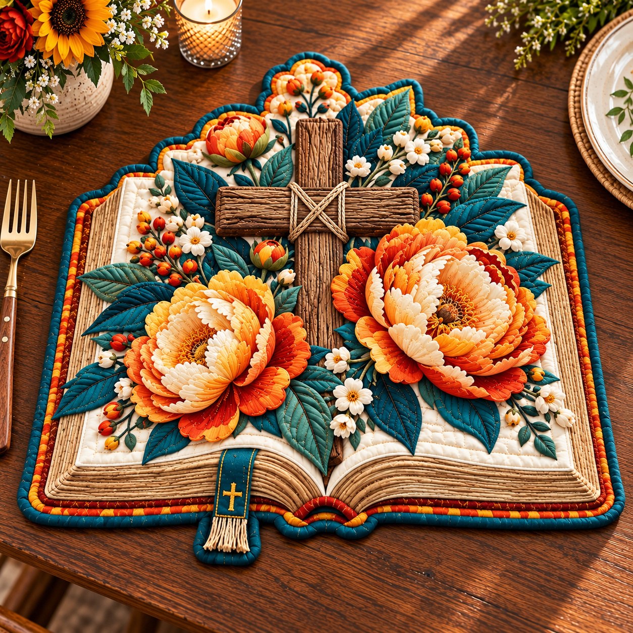 Sacred Floral Cross Custom Shape Quilted Placemat GFTONPT672