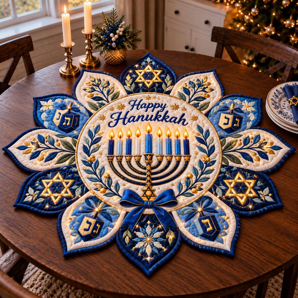 Hanukkah Candle Glow Custom Shape Quilted Table Topper GFTONPT674