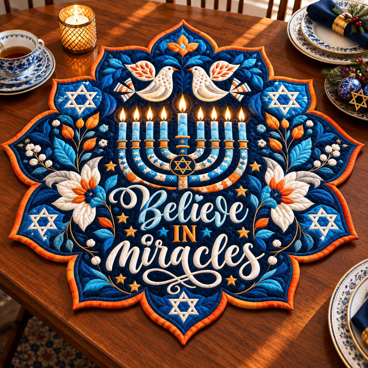 Hanukkah Light Blessings Custom Shape Quilted Table Topper GFTONPT676