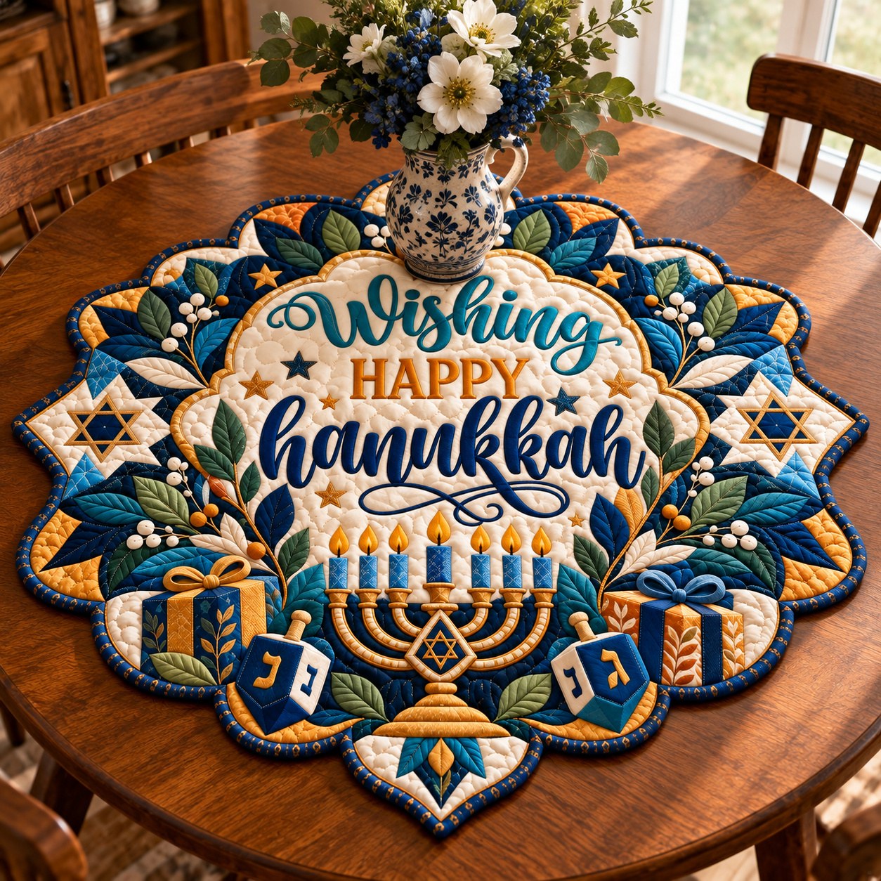Hanukkah Golden Nights Custom Shape Quilted Table Topper GFTONPT677