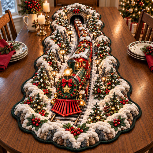 Santa Christmas Train Custom Shape Quilted Table Runner GFTONPT683