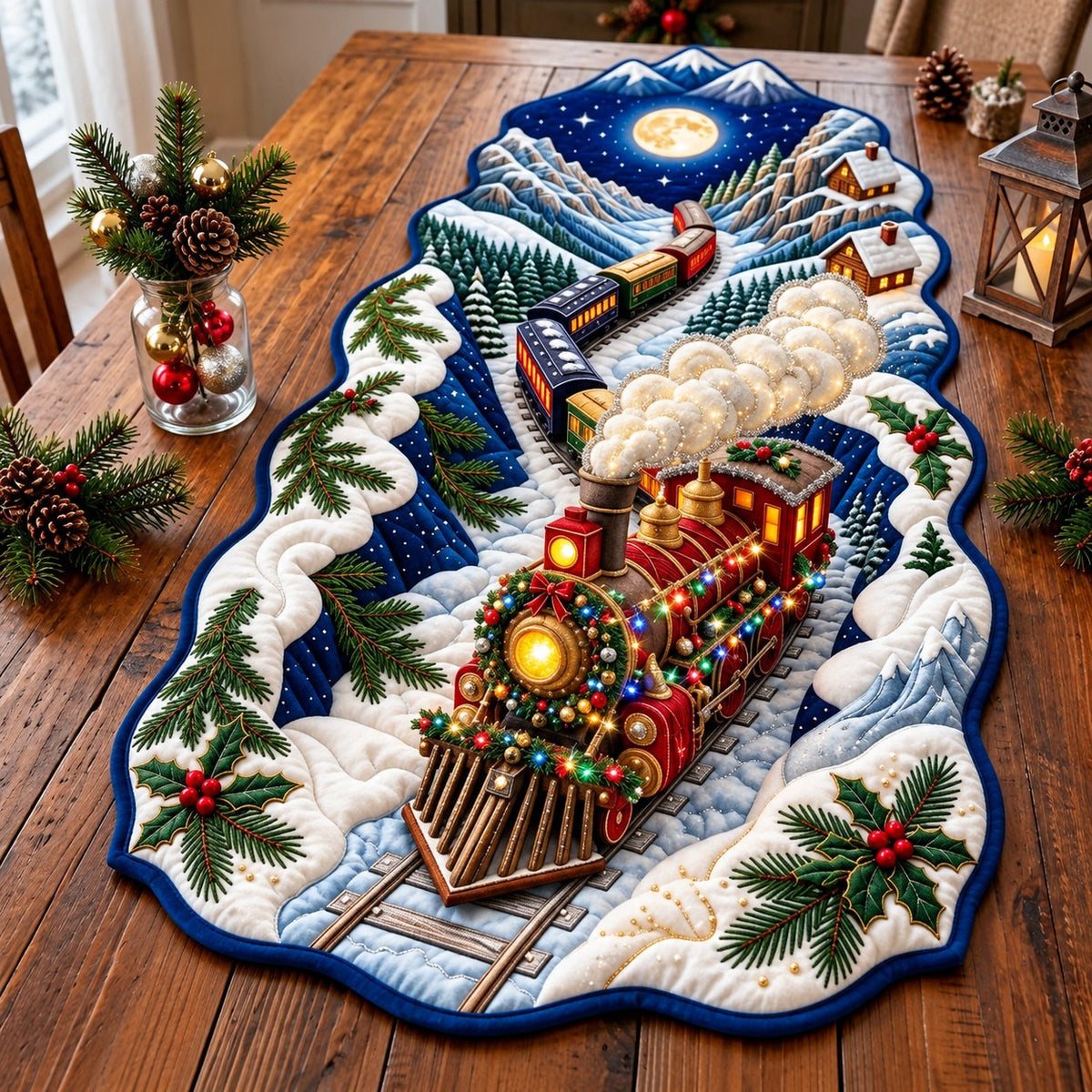 Merry Christmas Railway Custom Shape Quilted Table Runner GFTONPT685