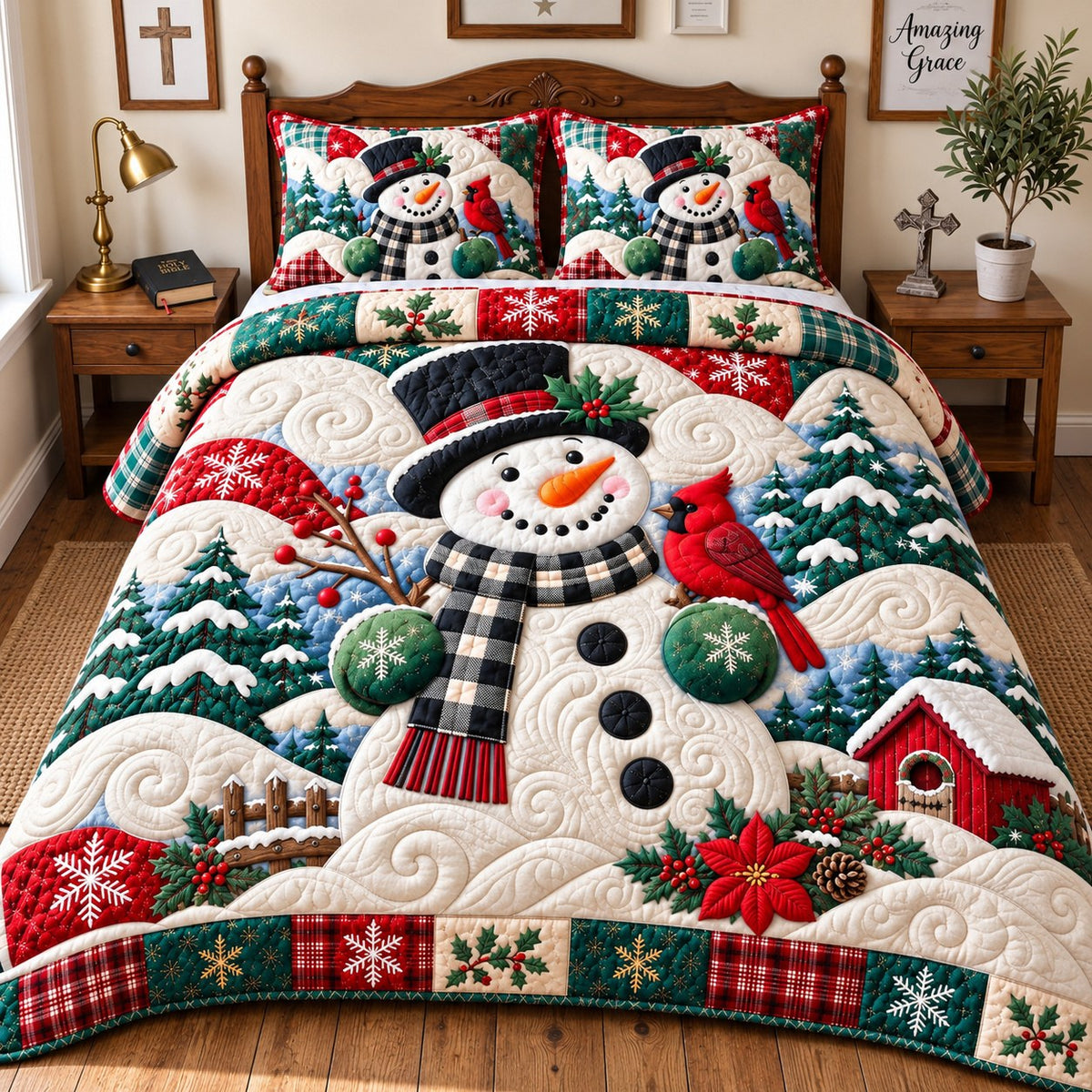 Snowman Cozy Winter 3-Piece Quilted Bedding Set GFTONPT747