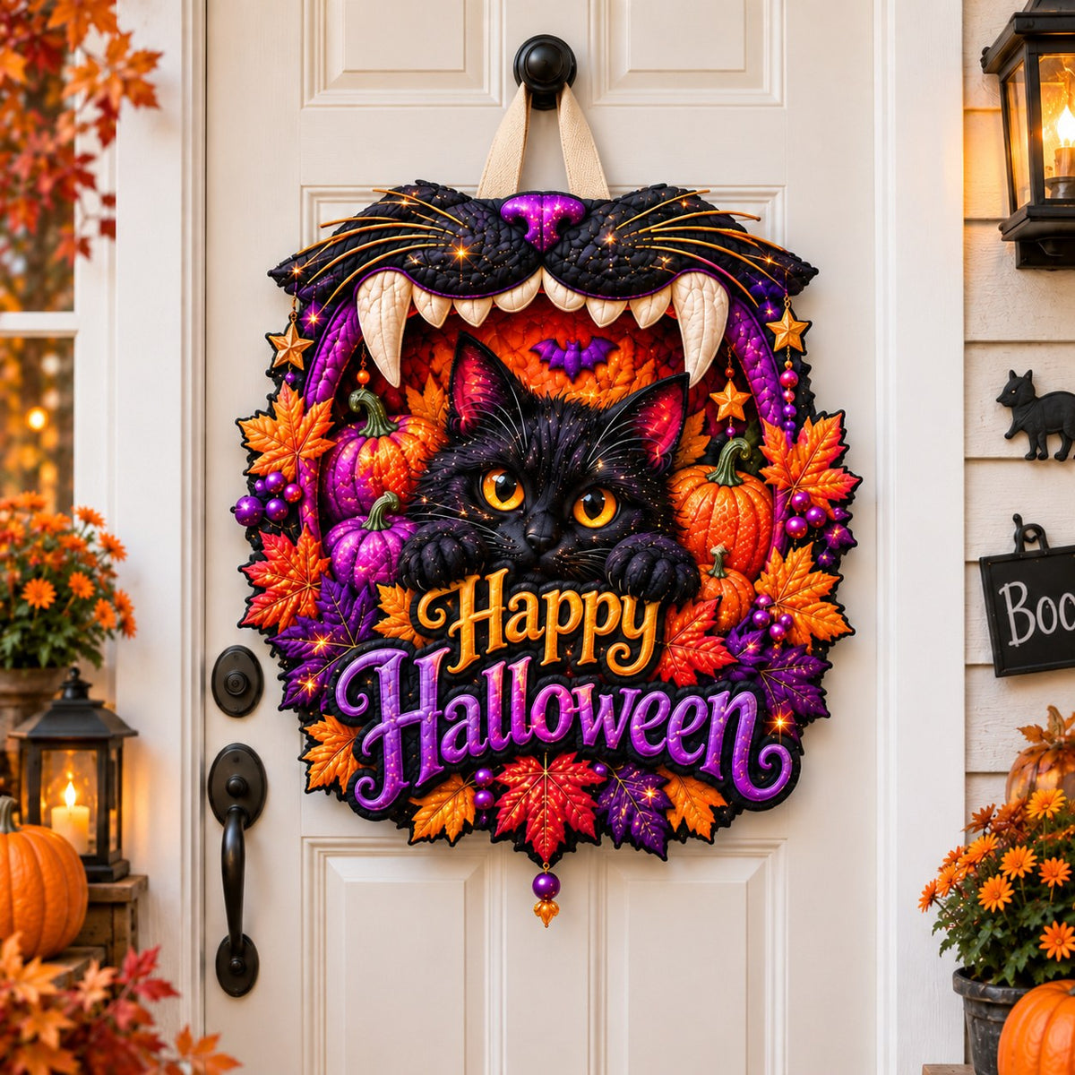 Halloween Black Cat Moonlight Custom Shape Quilted Door Hanger GFTONPT770