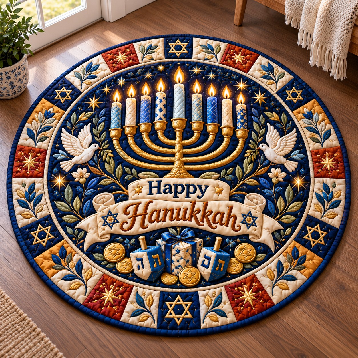 Hanukkah Festival Lights Quilted Round Mat GFTONPT775