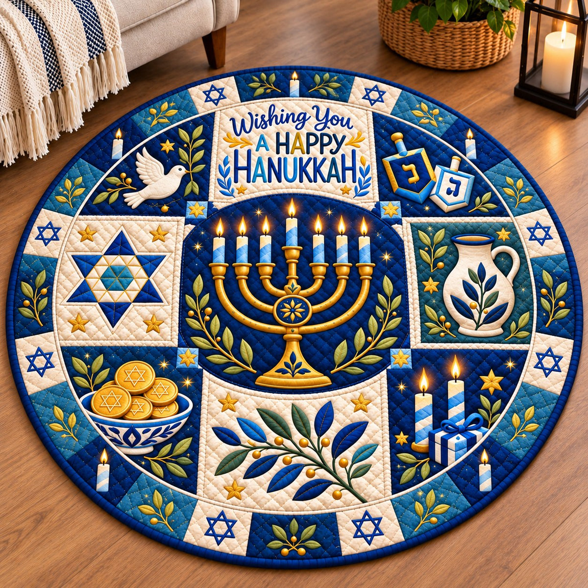 Hanukkah Celebration Lights Quilted Round Mat GFTONPT780
