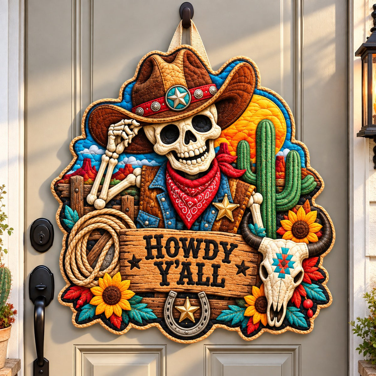 Western Skeleton Rodeo Custom Shape Quilted Door Hanger GFTONPT938