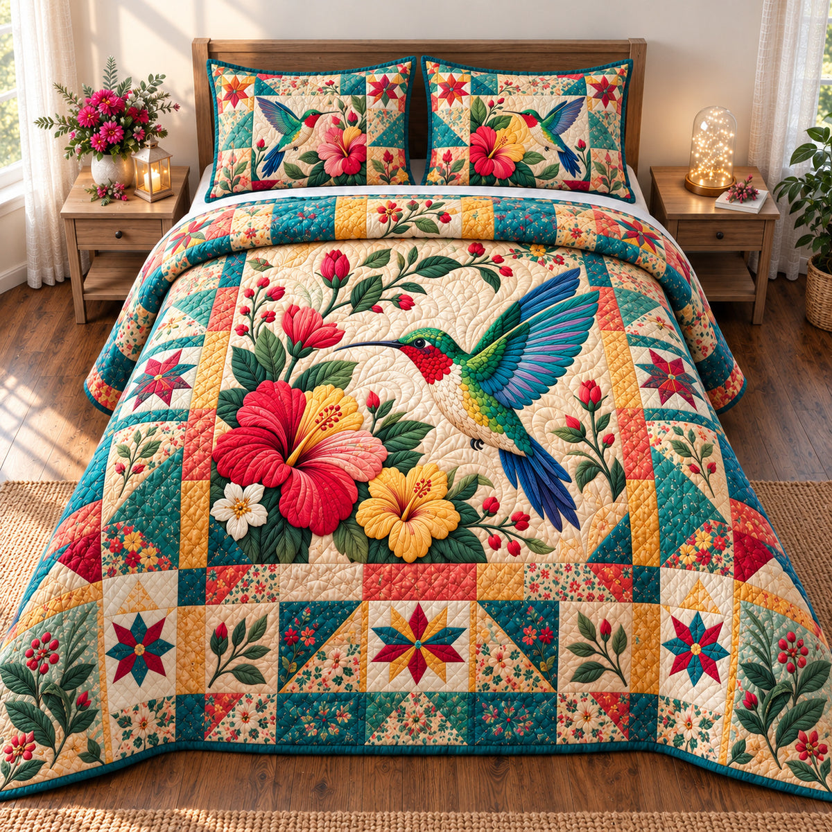 Cozy Hummingbird 3-Piece Quilted Bedding Set GFTONPT997