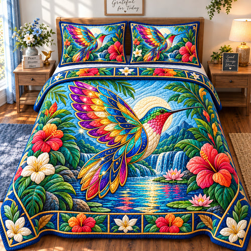 Rainbow Kaleidoscope Hummingbird 3-Piece Quilted Bedding Set GFTONPT998