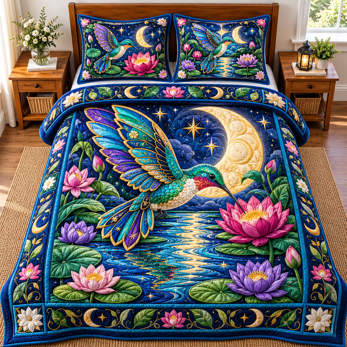 Hummingbird Lotus Lagoon 3-Piece Quilted Bedding Set GFTONPT999