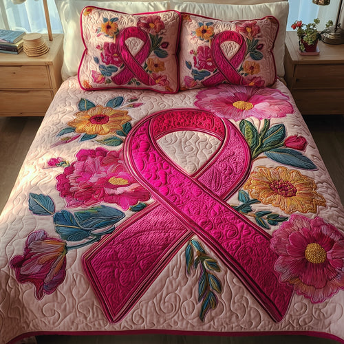 Breast Cancer Ribbon 3-Piece Quilted Bedding Set GFTONT1563