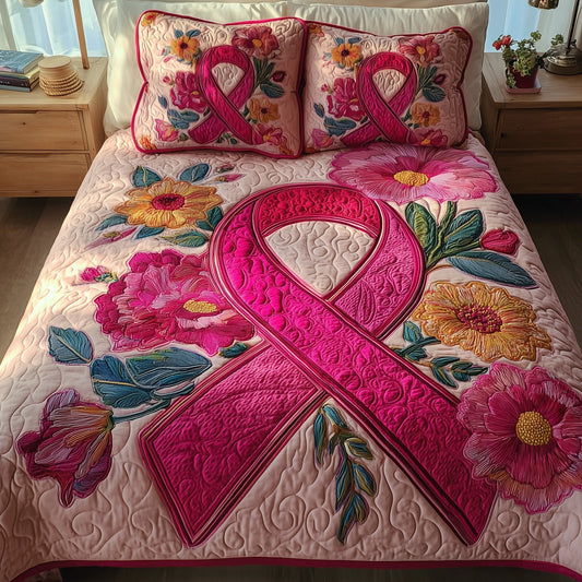 Breast Cancer Ribbon 3-Piece Quilted Bedding Set GFTONT1563