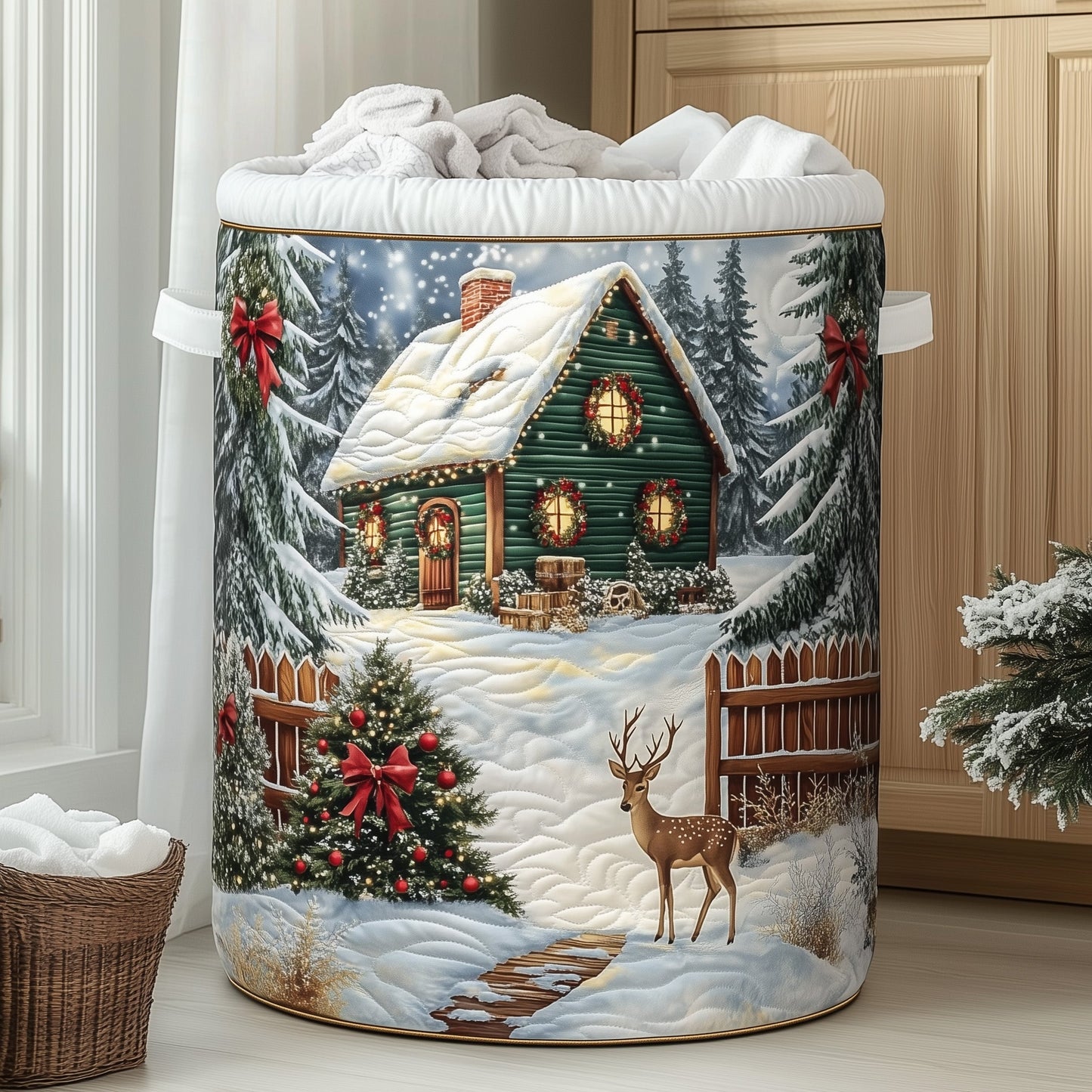Snowy Cottage Quilted Laundry Basket GFTONT3357