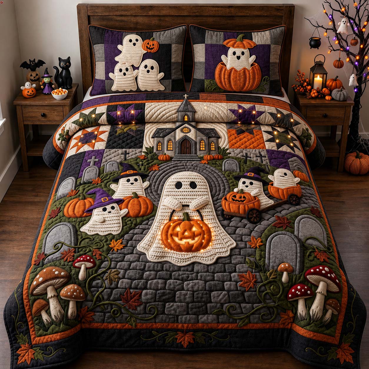 Ghostly Graveyard Nights 3-Piece Quilted Bedding Set GFTONTD2286