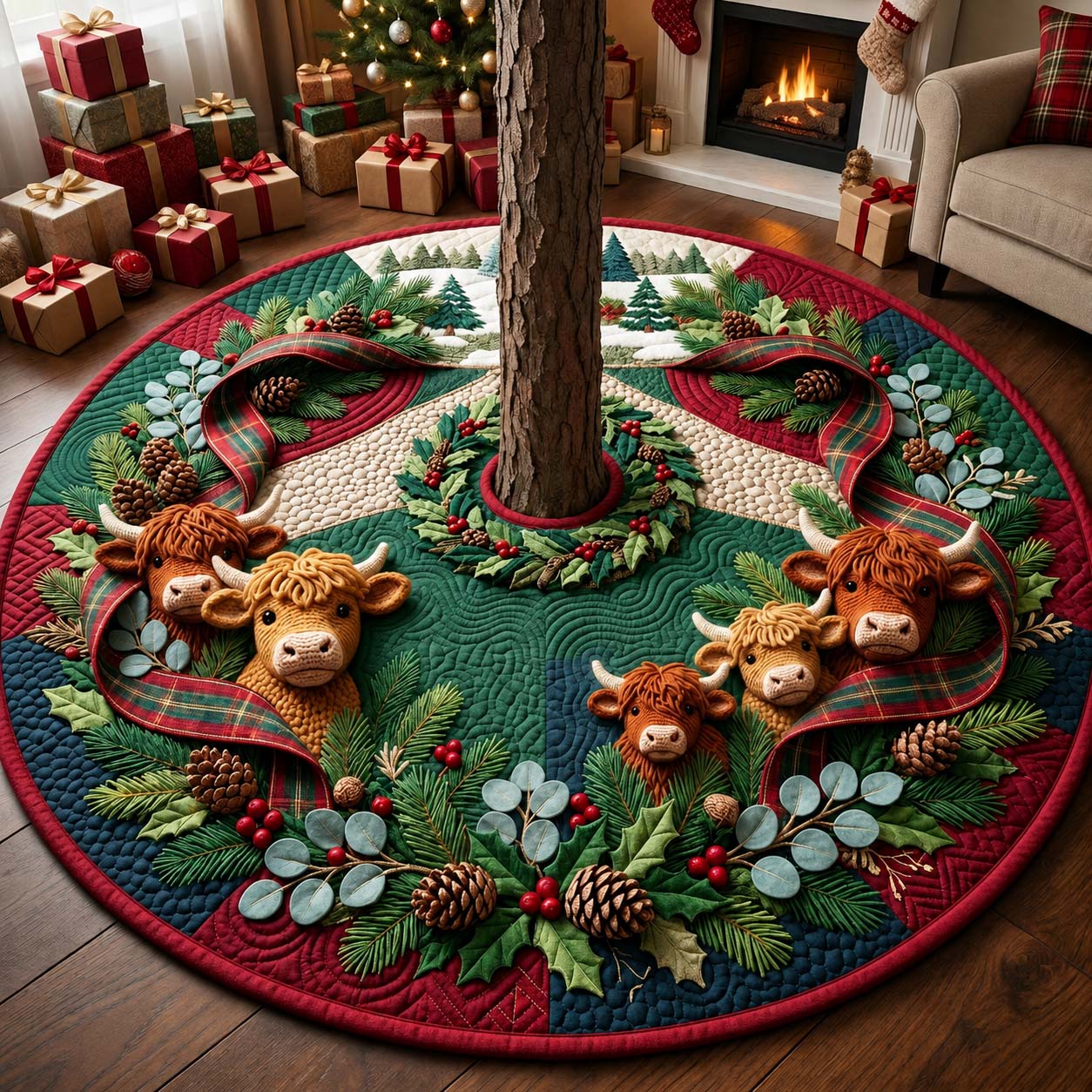 Highland Christmas Pasture Quilted Tree Skirt GFTONTD2304