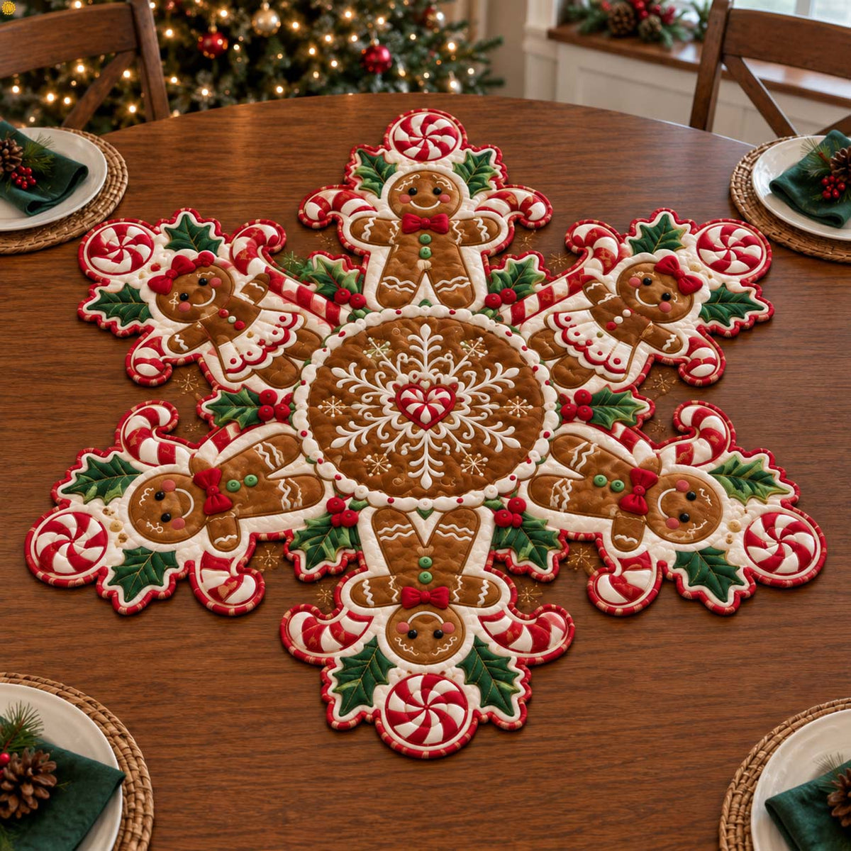 Peppermint Gingerbread Magic Custom Shape Quilted Table Topper GFTONTD2667
