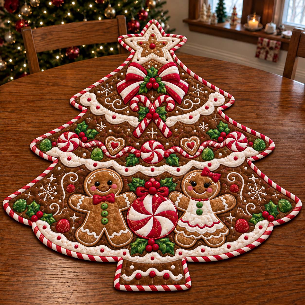 Peppermint Gingerbread Magic Custom Shape Quilted Table Topper GFTONTD2669