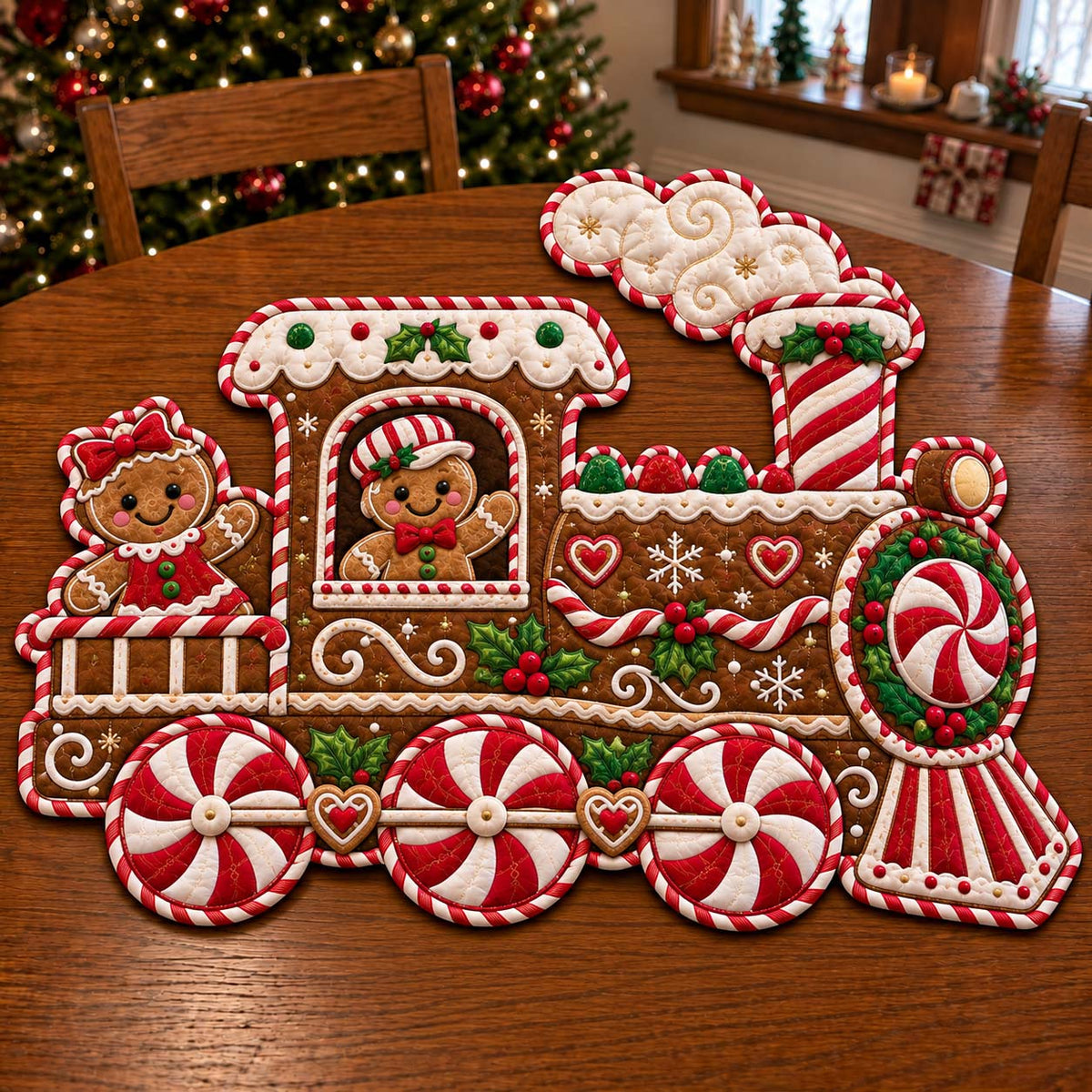 Peppermint Gingerbread Magic Custom Shape Quilted Table Topper GFTONTD2670