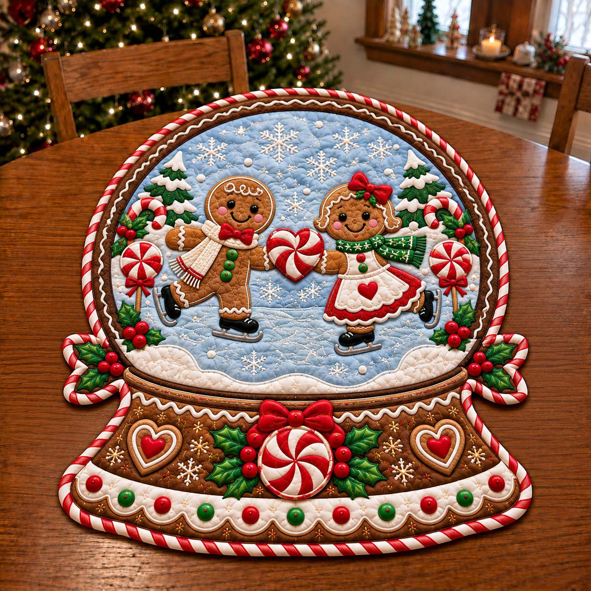 Peppermint Gingerbread Magic Custom Shape Quilted Table Topper GFTONTD2672