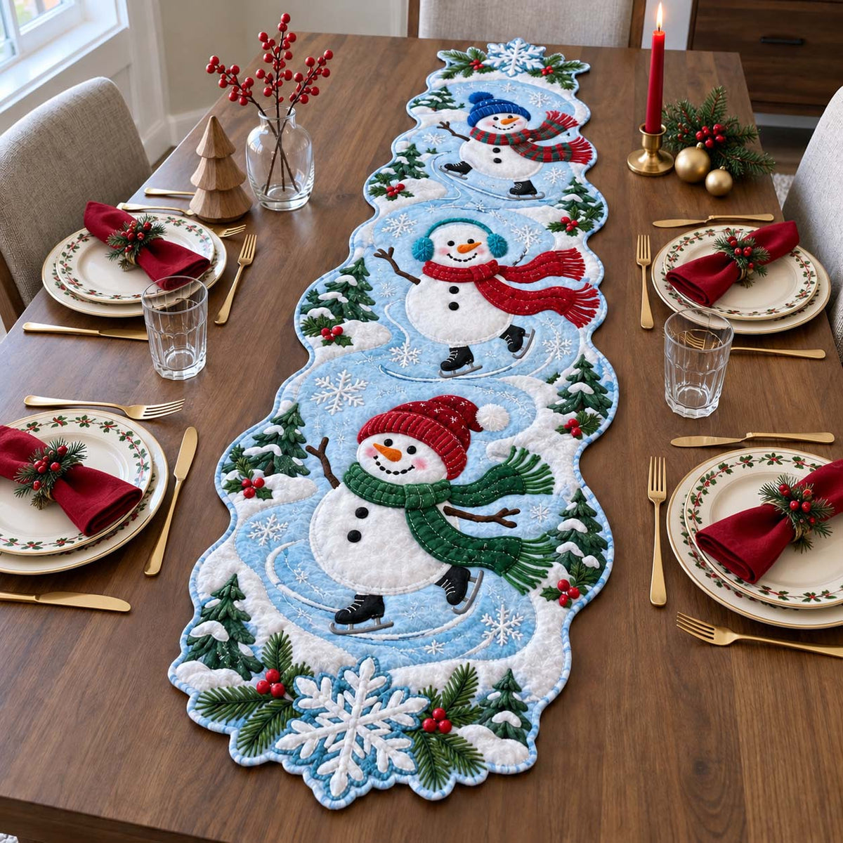 Snowman Winter Adventures Custom Shape Quilted Table Runner GFTONTD2684