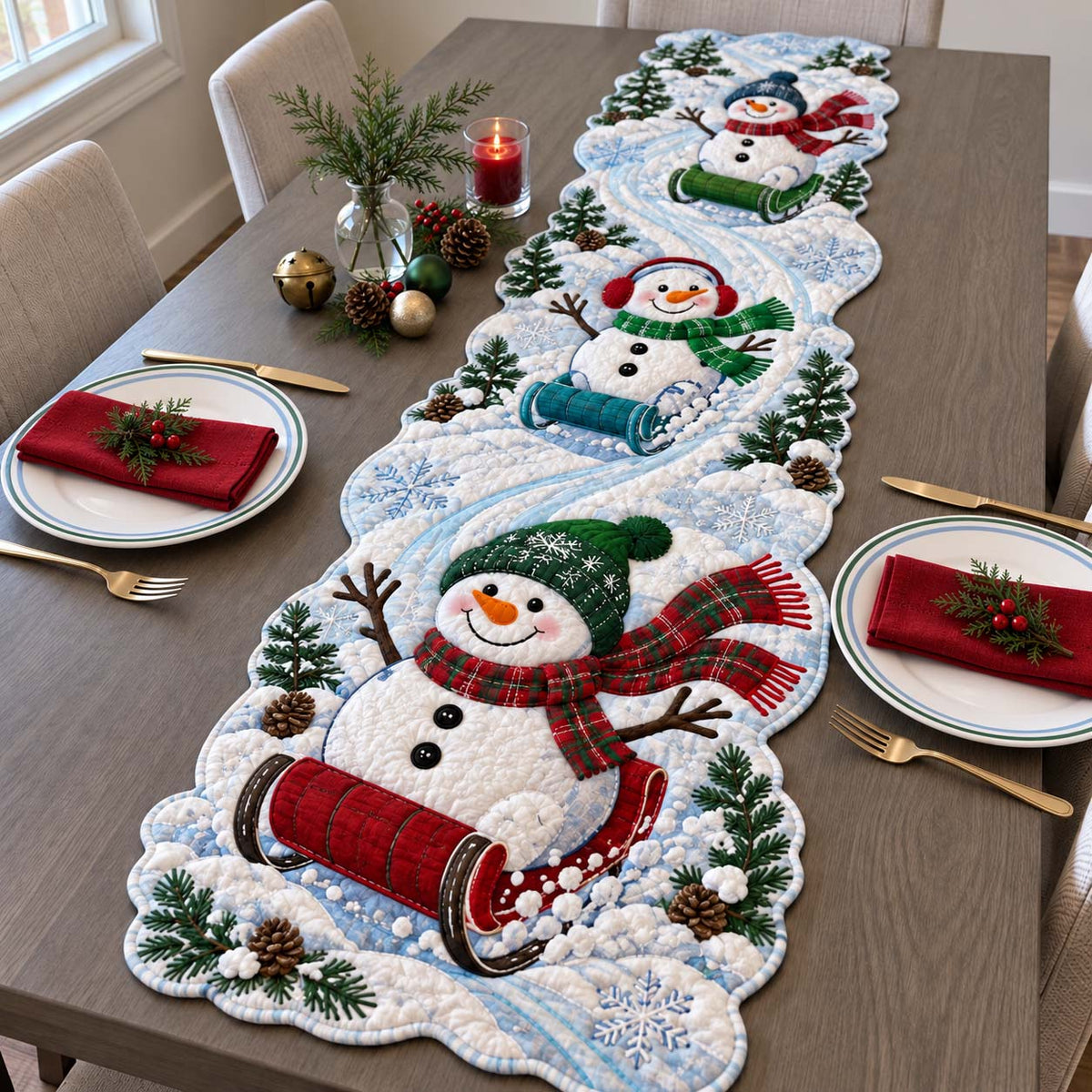 Snowman Winter Adventures Custom Shape Quilted Table Runner GFTONTD2685
